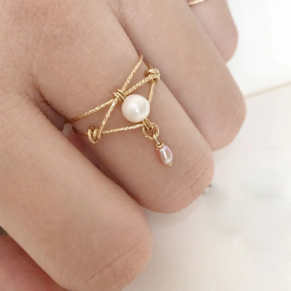 Handmade Natural Pearl Adjustable Ring – Gold Filled Boho Jewelry