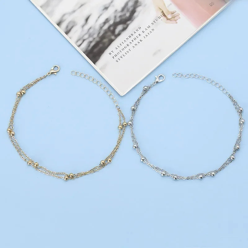 Trendy Double-Layer Beaded Bracelet – Elegant Gold & Silver Chain Jewelry
