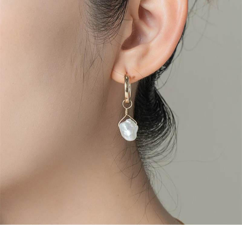 15MM Gold Filled Hoop Earrings with Baroque Pearls