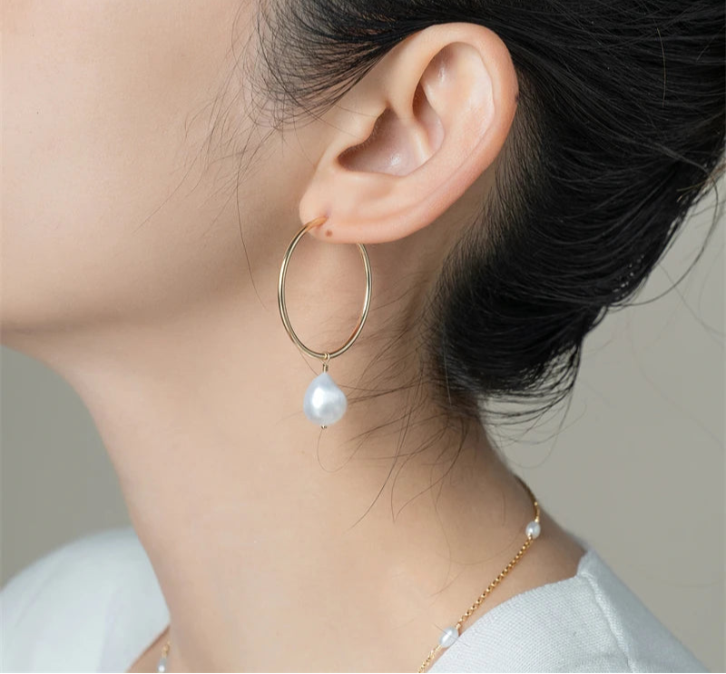 30MM Gold Filled Hoop Earrings with Natural Baroque Pearls