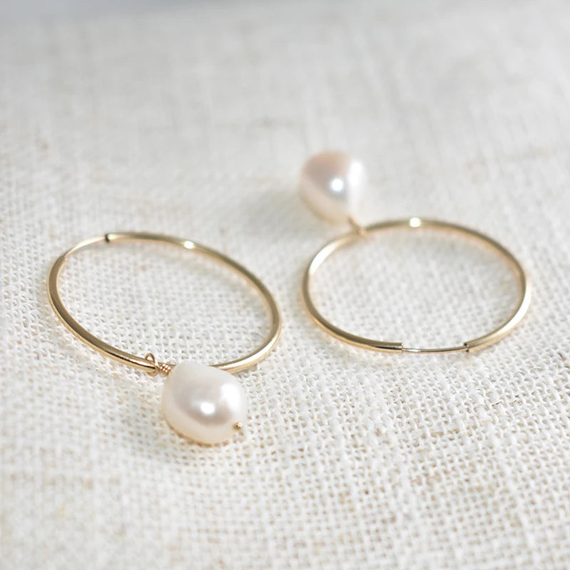 30MM Gold Filled Hoop Earrings with Natural Baroque Pearls