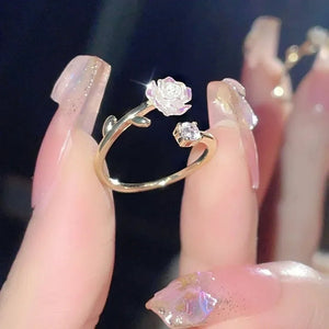 Elegant Zirconia Flower Ring – Adjustable Cherry Blossom & Tulip Design