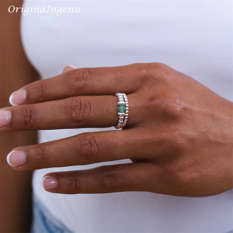 925 Silver/Gold Filled Aventurine Beaded Ring – Minimalist Boho Jewelry