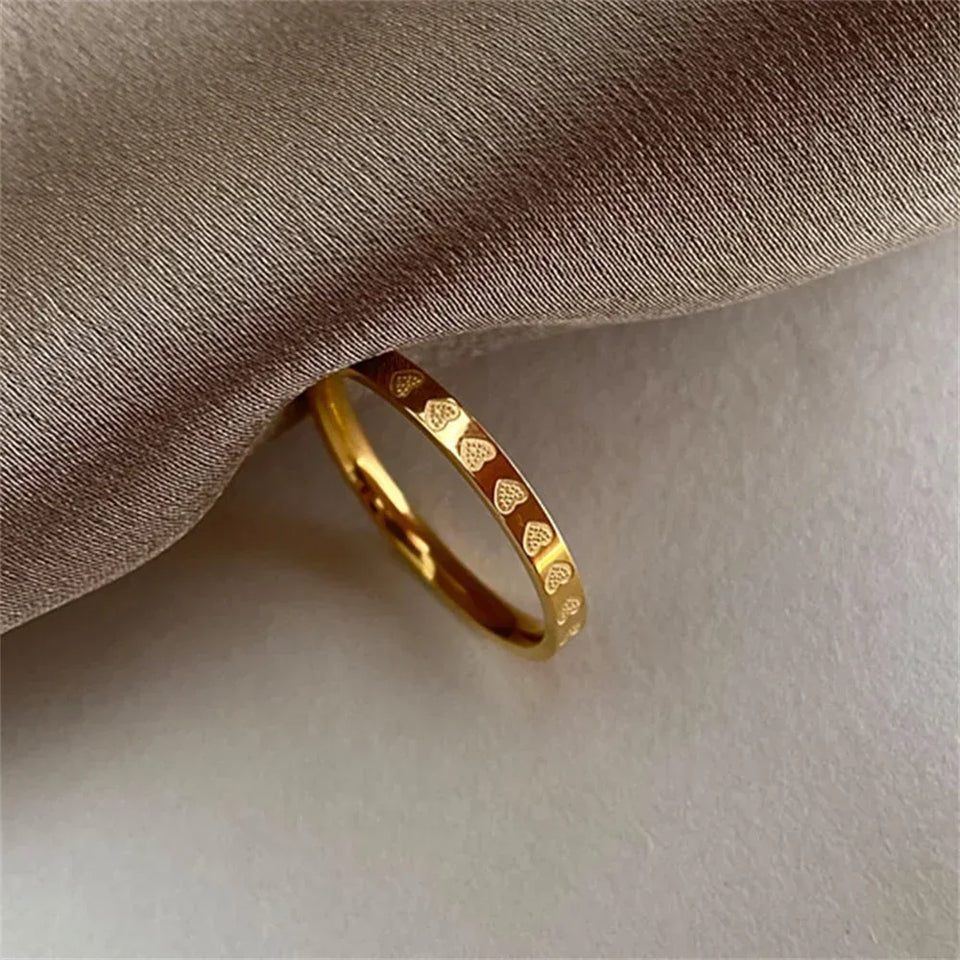 2mm Golden Stainless Steel Heart Ring – Minimalist Wedding Band