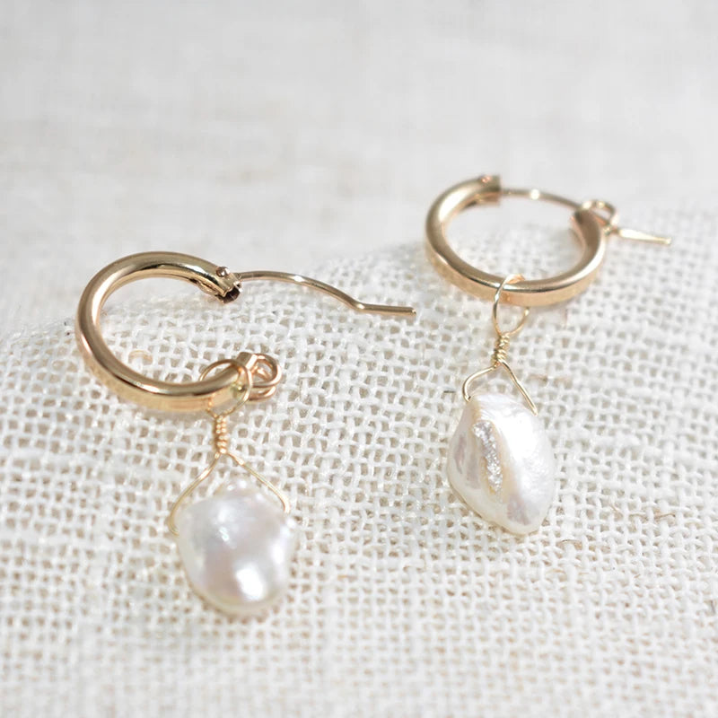 15MM Gold Filled Hoop Earrings with Baroque Pearls