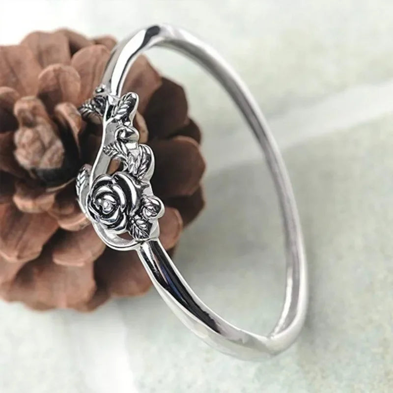 925 Sterling Silver Black Rose Ring – Adjustable Vintage Jewelry