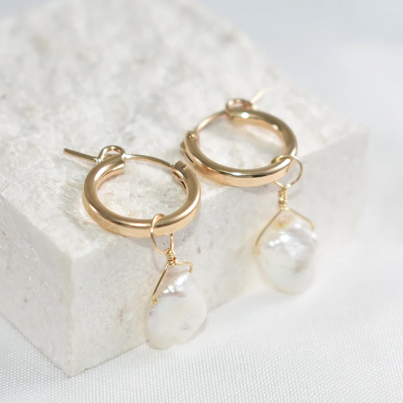 15MM Gold Filled Hoop Earrings with Baroque Pearls