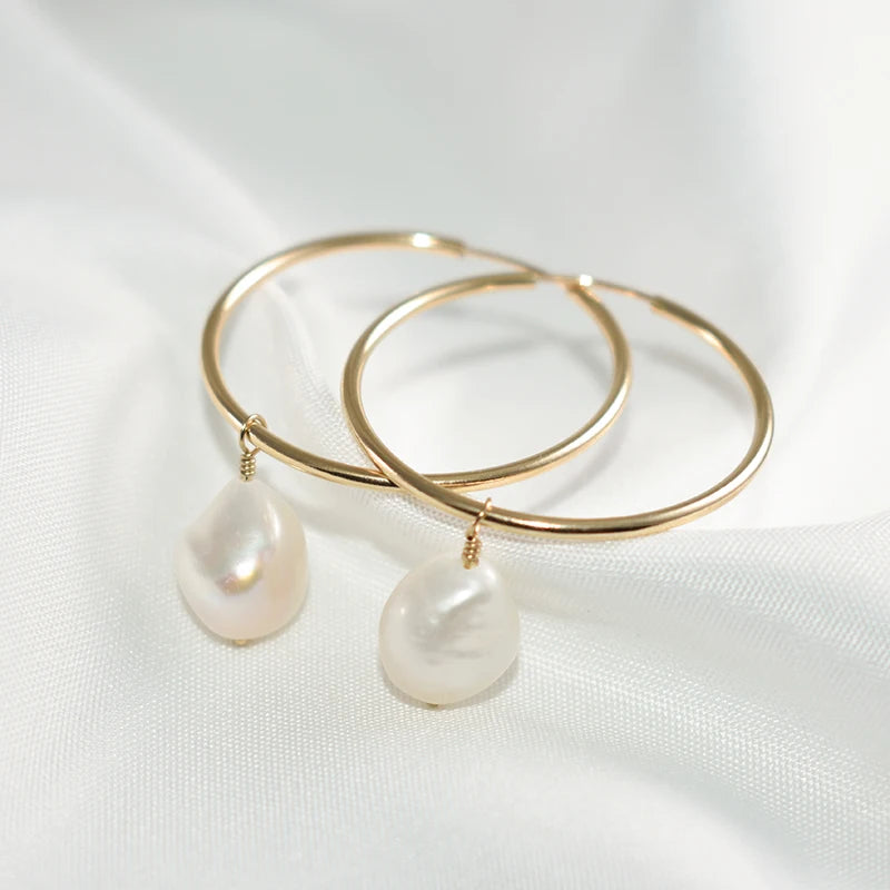 30MM Gold Filled Hoop Earrings with Natural Baroque Pearls
