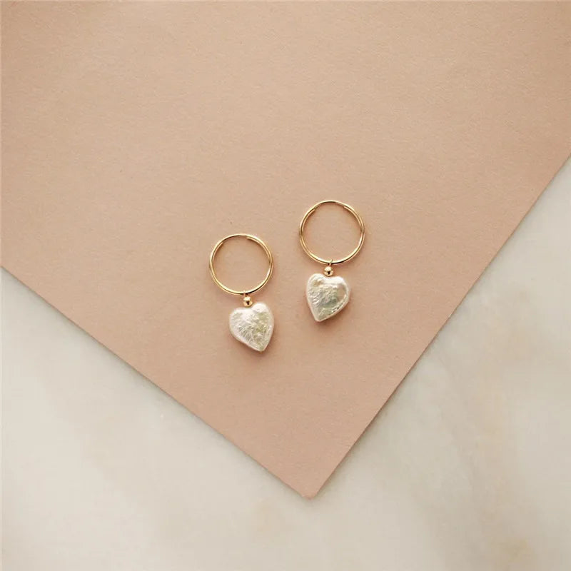 14K Gold Filled Hoop Earrings with Heart-Shaped Freshwater Pearl