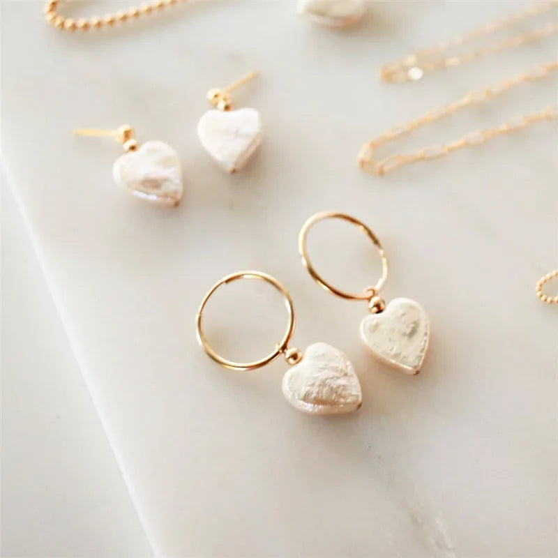 14K Gold Filled Hoop Earrings with Heart-Shaped Freshwater Pearl